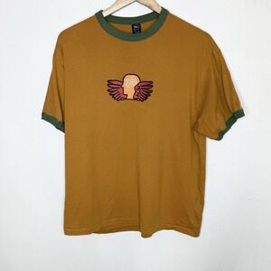 Brain Dead Flyers Ringer Tee Shirt T-Shirt Brown Green Embroidered Mens Medium
